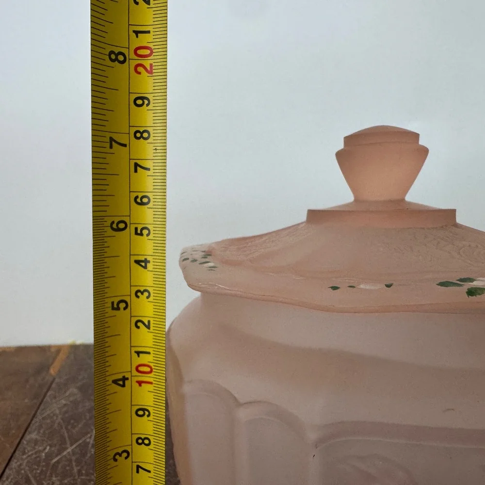 Antique Pink Depression Frosted‎ Satin Glass Biscuit Jar Hand Painted Floral Lid